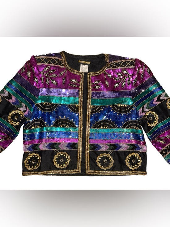 Parisian Works Jackets & Blazers - VTG Parisian Works Multicolor Silk Sequin & Embroidered Open-Front Jacket, XL